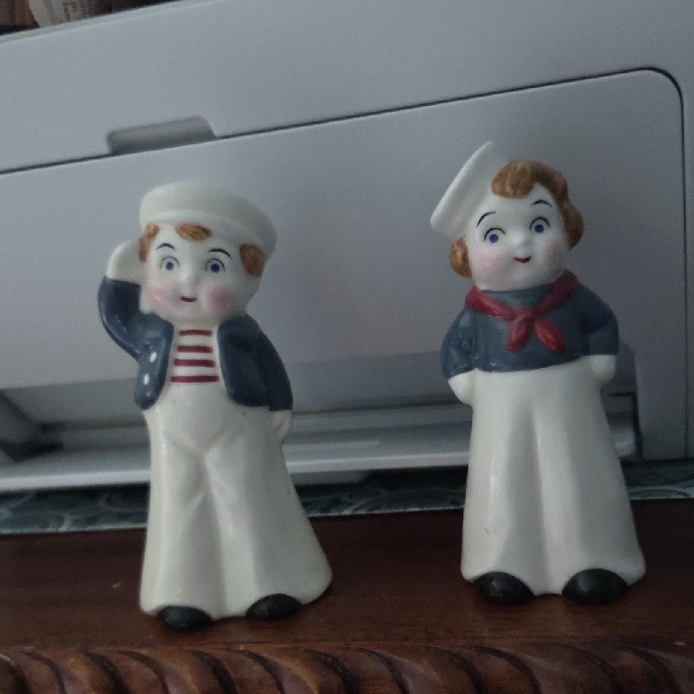 Vintage Ceramic Sailor Figurines - White, Navy & Red Salt And Pepper Shakers